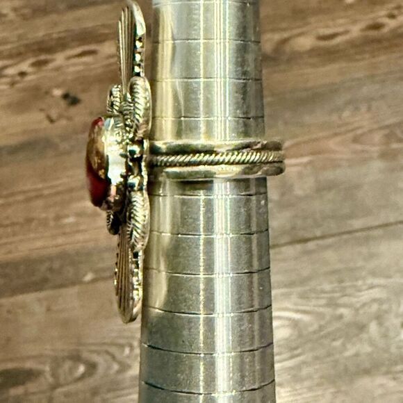 Unique Red Rose Dahlia Turquoise Ring Southwestern Fan Framed Sterling Silver 7 - Picture 3 of 7